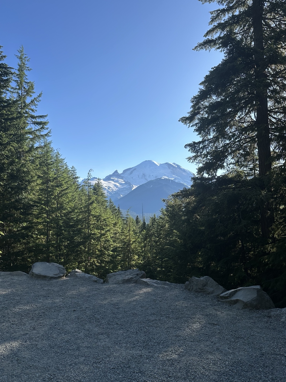 Mount Rainier and a winding mountain path