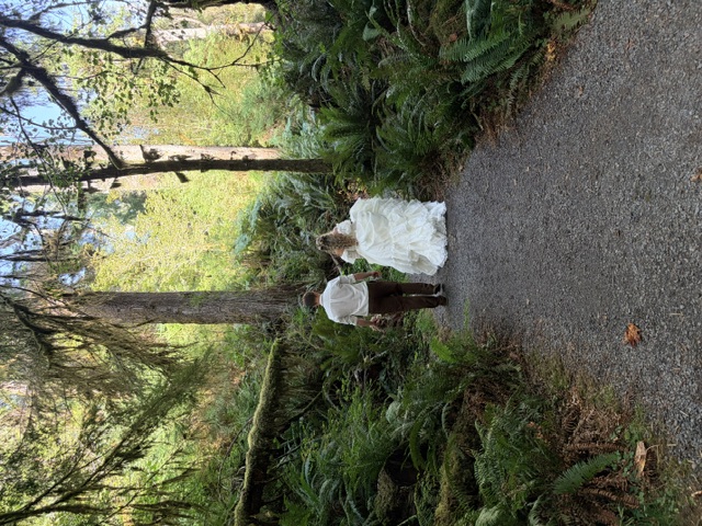 Couple walking through a Pacific Northwest rainforest